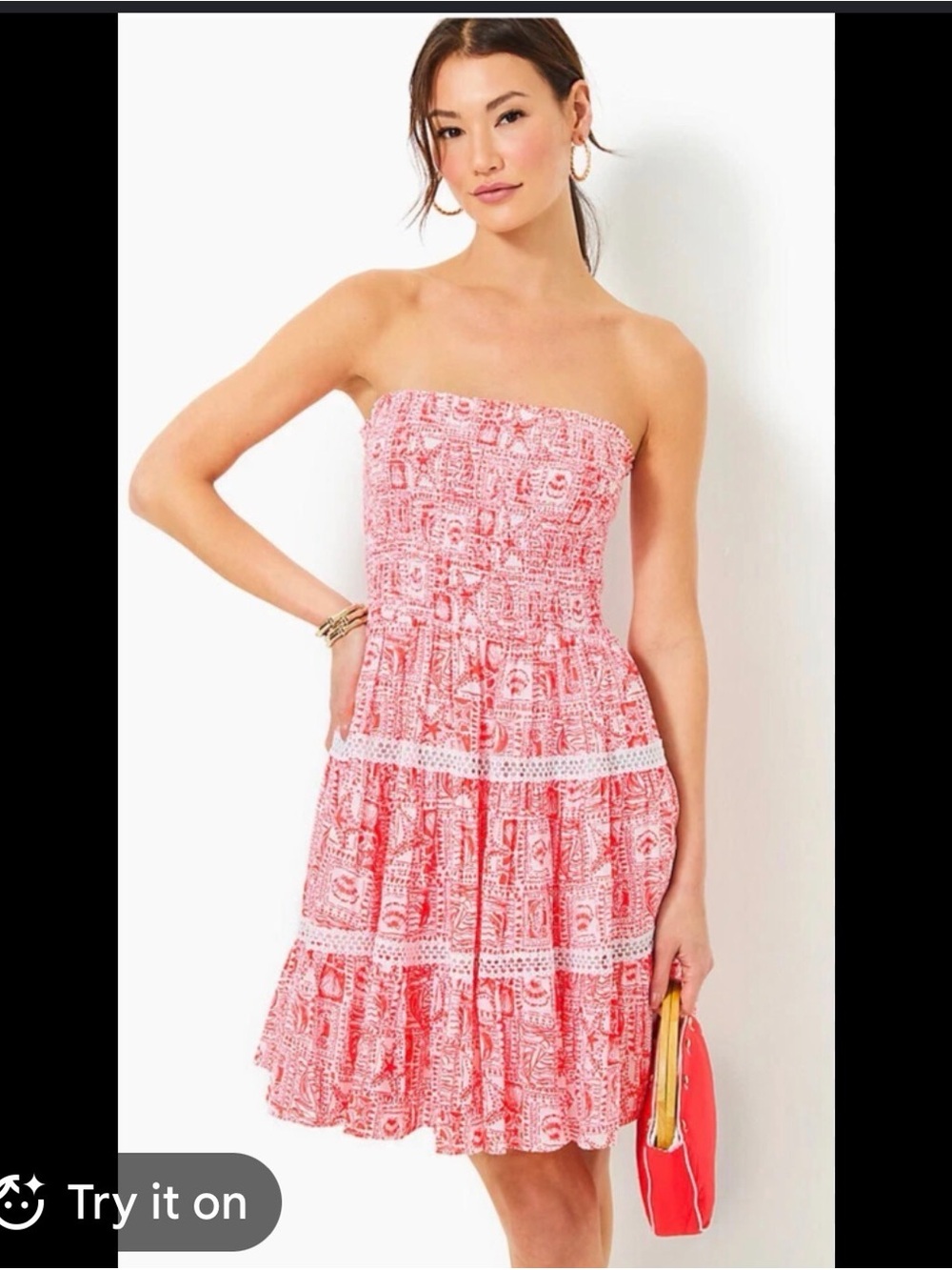 Lilly Pulitzer Pink Strapless Printed Tiered Sundress bright Red Color
